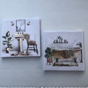Two 8 x 8 Canvas Prints for Bathroom. Claw bathtub, pedestal sink. Gold accents